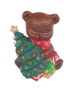 Vintage 6&quot; Hand Painted Ceramic Brown Teddy Bear w/ Christmas Tree Holid... - £17.32 GBP