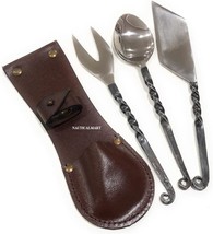 NauticalMart Medieval Feasting Set 3 Pieces Cutlery Knife, Fork, Spoon with leat - £22.37 GBP