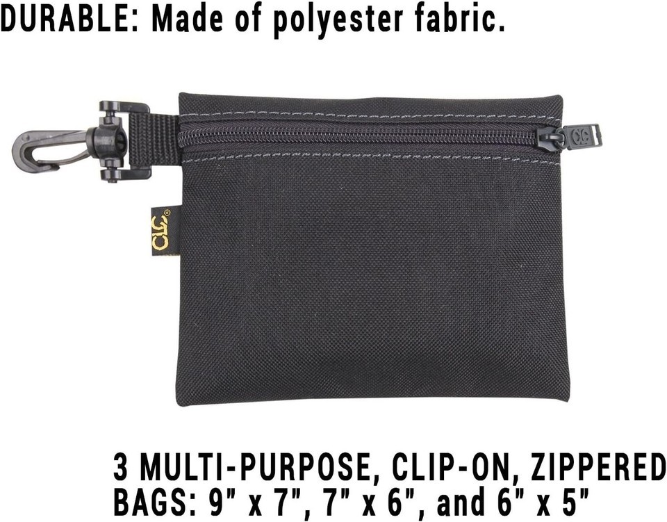 Multi-Purpose Clip-on Zippered Poly Bags, 3 Pack,  9" x 7", 7" x 6", and 6" x 5" Item image 6