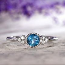 2.40Ct Round Cut Blue Topaz Halo Engagement Wedding Ring 14k White Gold Finish - £59.03 GBP