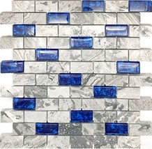 Glass Stone Tile 1x2 Subway Mosaic Polished Gray Royal Blue Backsplash Set of 11 - £147.00 GBP
