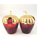 2 Avon Red Ruby Glass Strawberry Jars w/ Metal Hand-Laid Gold Leaf Gilde... - £18.60 GBP