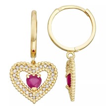 1.5CT Simulated Ruby Double Heart Drop/Dangle Hoop Earrings Yellow Gold Plated - £68.74 GBP