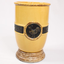 Pier 1 Gold Stoneware Vase Copper Floral Band Rooster Medallion Wooden Base - £10.29 GBP