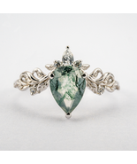 Pear-shaped Moss Agate And Moissanite White Gold Ring Leaf Ring - $350.00+