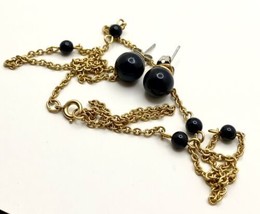 Onyx Bead And Chain 18 Inch Gold Tone Necklace And Earrings - £12.77 GBP