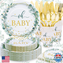 Gudvilla 168pc Sage Green Neutral Baby Shower Decorations Plates Cups Na... - $32.26