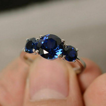 2Ct Round Cut Blue Sapphire Three Stone Engagement Ring 14K White Gold Finish - £71.96 GBP