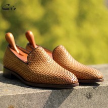 handmade loafer woven  leather sole shoes for men social shoe male classic shoes - £286.45 GBP