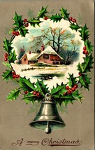 A Merry Christmas Holly Wreath Cabin Scene Silver Bell Embossed 1910s Postcard - £5.52 GBP