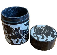 Vintage Collectible Black &amp; White Marble Jar Etched Container w Lid 4 1/8&quot; - £31.53 GBP