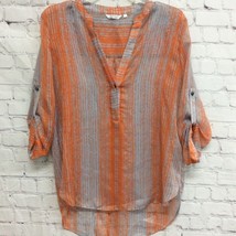 Zoa Womens Blouse Orange Gray Stripe Roll Tab Sleeve Notch Neck High Low M - £12.25 GBP