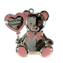 Pink Baby Girls First Christmas Teddy Bear Silver Plated Tree Ornament 3... - $25.72