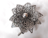 Scrolled Filigree Flower Brooch Pin Silver Tone Ball Center Two Layers 2... - $10.47