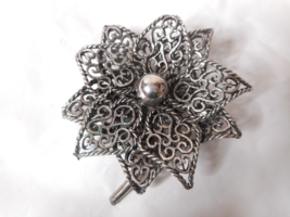 Scrolled Filigree Flower Brooch Pin Silver Tone Ball Center Two Layers 2... - $10.47