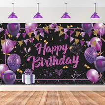 Purple Happy Birthday Banner Purple Black Gold Birthday Party Decoration... - $21.51