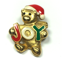 Christmas Pin JOY Teddy Bear Signed Danecraft Gold Tone Red Green Enamel - £12.67 GBP