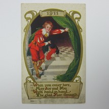 Postcard New Year Courtier Boy Holds Open Curtain Gold Embossed Antique ... - £7.84 GBP