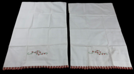 Embroidered Pillowcases Set Lot 2 Pair Vintage White Red Floral Tatting Edges - £37.30 GBP