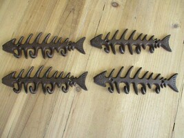 4 CAST IRON FISH Bones Wall Hook Key Hat Coat Rack Holder Skeleton Nautical - £21.23 GBP