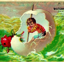 Victorian Trade Card Boy Riding In A Giant Cracked Egg Boat Waves Easter... - $19.75