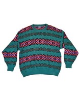 Lands End Mens Sweater XL Aztec Print Teal Red Purple 90s Vtg - $39.55