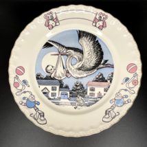 Vintage Plate with Illustration Stork Delivering Baby Toys Teddies 40s - 60s 10&quot; - £13.48 GBP