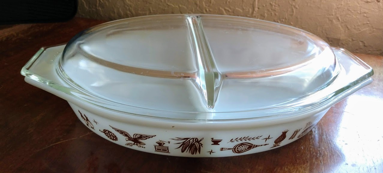 Primary image for Pyrex White Ovenware Early American Eagle 1½ QT Oval Divided Casserole with Lid
