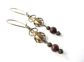 Antique Gold Finish mahogany obsidian Scarab Dangle earrings - £17.68 GBP