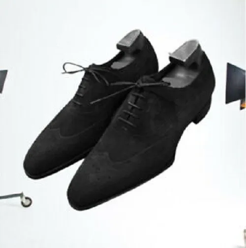 Handmade Men Black Suede Wingtip Shoes, Black Formal Shoes, Men&#39;s Shoes - $159.99