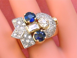 Vintage Retro 2.5ctw Diamond 1.9ctw Sapphire 18K Big Cocktail Statement Ring sz9 - £4,514.47 GBP