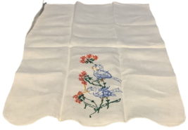 Vintage Embroidered Linen Napkin Cross Stitch Cream Floral Blue Jays 18&quot; x 12&quot; - $14.71