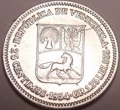 Unc Silver Venezuela 1954-P 25 Centimos~Now Over 60 Years Old - £11.44 GBP