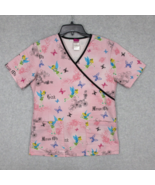 Disney Women&#39;s Scrub Top Tinkerbell Amuse Me Short Sleeve Mock Wrap Pink XS - £11.32 GBP