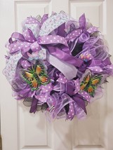 Purple, Lavender Butterfly Deco Mesh Wreath 24x24 inches Handmade - £36.48 GBP