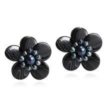 Sweet Daisy Black Zebra Painted Mother of Pearl Clip On Earrings - £11.38 GBP