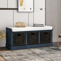 Rustic Storage Bench with 3 Removable Classic Rattan Basket - Navy - £247.62 GBP