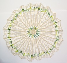 Vintage Crochet Cotton Lace Multi Green &amp; Cream Round Doily Mat Center T... - $17.79