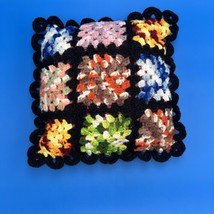 VTG Square Pillow Cover Granny Square Crocheted Yarn Black Flower Red Back 13x13 - £18.39 GBP