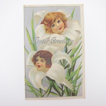 Easter Postcard Anthropomorphic Lily Flowers with Girl Heads Silver Antique 1910 - £7.86 GBP