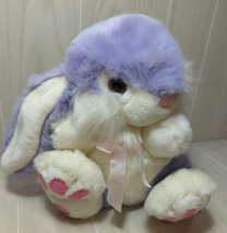 MTY Purple White Plush Bunny Rabbit Pink satin bow Paw prints Chubby Sitting - $19.79