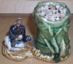 Antique Hand Crafted Vintage Mudman Mud Man Monk Seated Sitting By A Bamboo Tree - £43.20 GBP