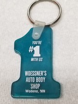 Woessner&#39;s Auto Body Shop Keychain Wadena Minnesota Plastic 1980s Vintage - £8.96 GBP