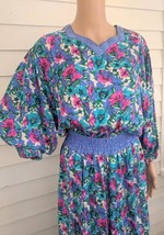 80s Silk Floral Dress Polka Dot Print Trim Vintage M Purple or Blue Peri... - £23.62 GBP