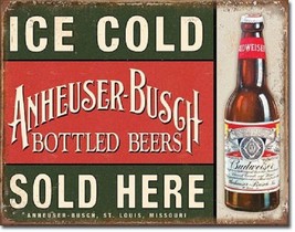 Anheuser Busch Bud Budweiser Bottled Ice Cold Beers Sold Retro Metal Tin Sign - £12.49 GBP