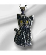 Black Cat Rhinestone Pendant Necklace – Vintage Style with Yellow Eyes - $185.54 MXN
