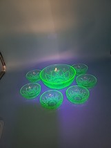 Hazel Atlas Uranium Glass Master Bowl With 6 Dessert Dishes - $199.95