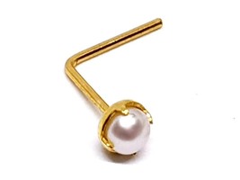 Gold Nose Stud 9K Gold 22g (0.6mm) L Bent Cultured Genuine Pearl Body Jewelry - £18.08 GBP