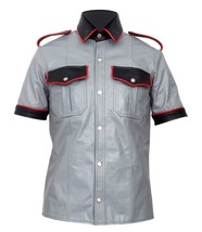 Men&#39;s Real Leather Police Uniform Shirt Short Sleeves Gay BLUF Shirt - $94.04