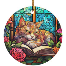 Cute Cat Book Retro Ornament Colorful Stained Glass Art Wreath Christmas Gift - £11.57 GBP